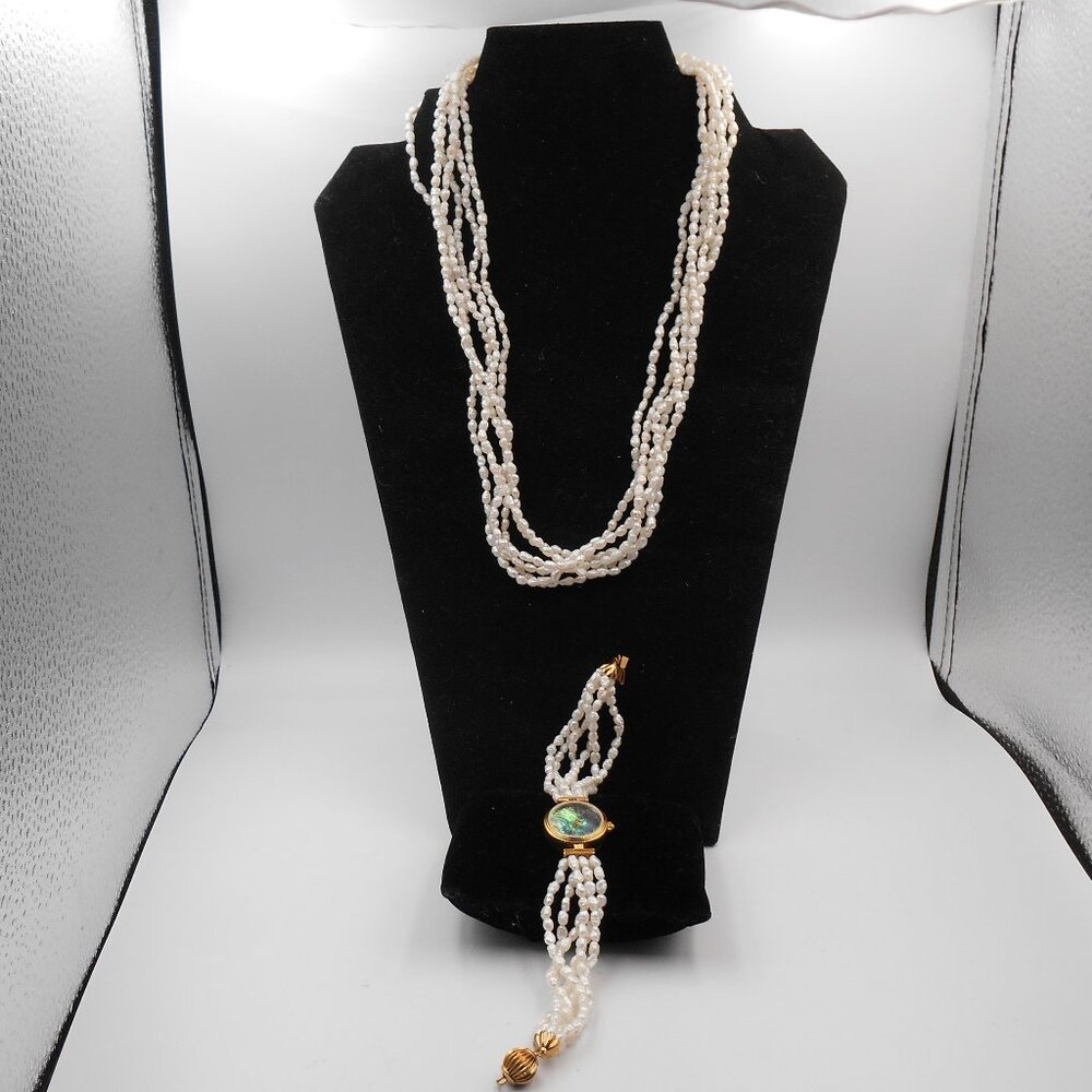 VINTAGE 6 STRAND FRESHWATER PEARL 20.5" WITH MATCHING WATCH 8" NOS